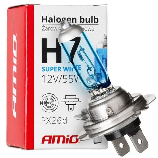 Żarówka AMiO Super White H7 12V 55W (xenon effect, filtr UV, homologacja E4) Amio