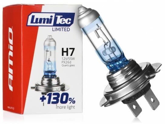 Żarówka halogenowa AMiO LumiTec Limited +130% H7 12V 55W (+130% więcej światła, do 40 metrów dłuższa wiązka, 4300K) Amio