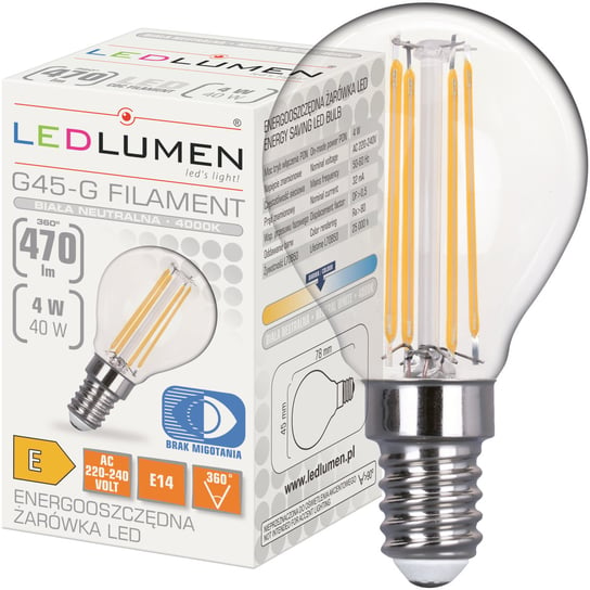 Żarówka LED E14 KULKA G45 4W=40W Filament 470lm 360° Ozdobna Energooszczędna Brak Migotania Neutralna Biała 4000K LEDLUMEN