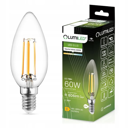 Żarówka LED E14 Świeca FILAMENT 7W LUMILED 4000K Lumiled