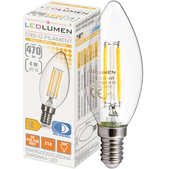 Żarówka LED E14 ŚWIECZKA C35 4W=40W Filament 470lm 360° Ozdobna Energooszczędna Brak Migotania Biała Ciepła 2700K LEDLUMEN