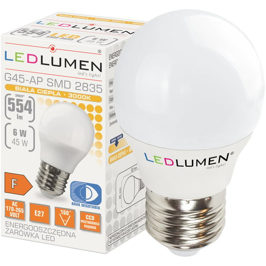 Żarówka LED E27 KULKA G45 6W=45W SMD 554lm 160° CCD Energooszczędna Brak Migotania Ciepła Biała 3000K LEDLUMEN