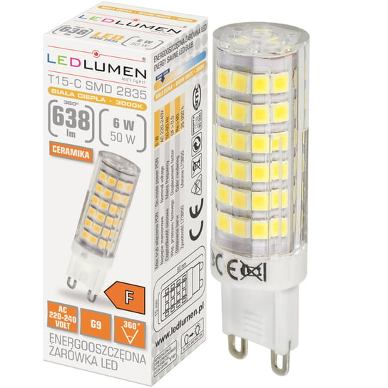 Żarówka LED G9 MINI T15 6W=50W SMD 638lm 360° Energooszczędna Ceramiczna Biała Ciepła 3000K LEDLUMEN