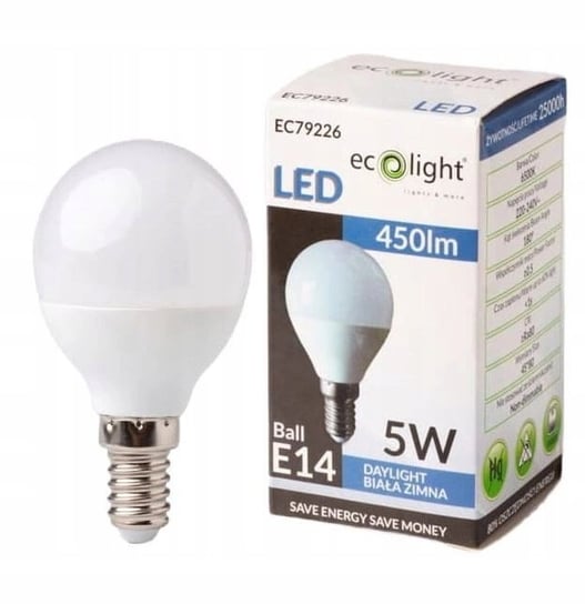Żarówka LED Okrągła Ozdobna Mały Gwint E14 5W=45W 450lm Zimna Ecolight