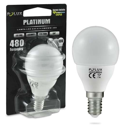 Żarówka SANICO 303134 POLUX E14 A45 LED 5,5W 3000K 480 lm 230V kulka biała ciepła POLUX