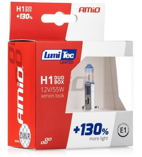 Żarówki halogenowe Amio LumiTec Limited H1 12V 55W (+130% więcej światła, do 40 metrów dłuższa wiązka, xenon look - 4300-5000K) Amio