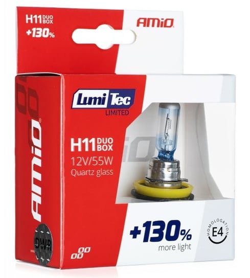 Żarówki halogenowe Amio LumiTec Limited H11 12V 55W (+130% więcej światła, do 40 metrów dłuższa wiązka, xenon look - 4300-5000K) Amio