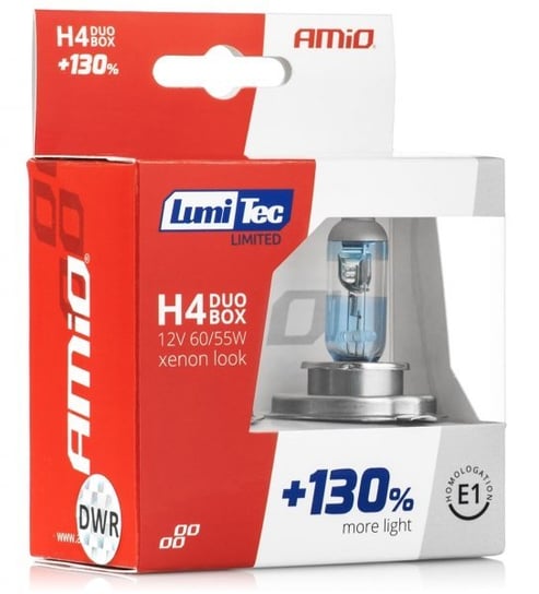 Żarówki halogenowe Amio LumiTec Limited H4 12V 60/55W (+130% więcej światła, do 40 metrów dłuższa wiązka, xenon look - 4300-5000K) Amio