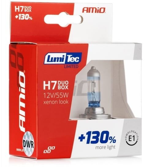 Żarówki halogenowe Amio LumiTec Limited H7 12V 55W (+130% więcej światła, do 40 metrów dłuższa wiązka, xenon look - 4300-5000K) Amio