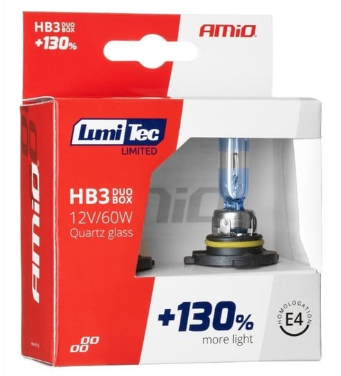 Żarówki halogenowe Amio LumiTec Limited HB3 12V 60W (+130% więcej światła, do 40 metrów dłuższa wiązka, xenon look - 4300-5000K) Amio