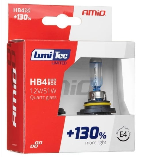 Żarówki halogenowe Amio LumiTec Limited HB4 12V 51W (+130% więcej światła, do 40 metrów dłuższa wiązka, xenon look - 4300-5000K) Amio