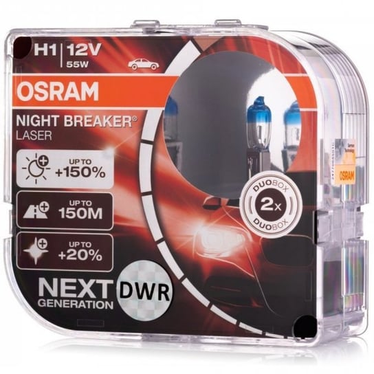 Żarówki halogenowe Osram Night Breaker Laser Next Generation H1 12V 55W (150% więcej światła, 150 metrów oświetlonej drogi i 20% bielsze światło) Osram