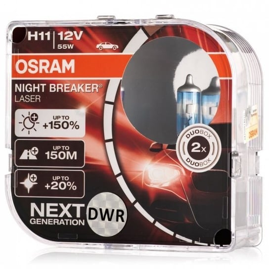 Żarówki halogenowe Osram Night Breaker Laser Next Generation H11 12V 55W (150% więcej światła, 150 metrów oświetlonej drogi i 20% bielsze światło) Osram