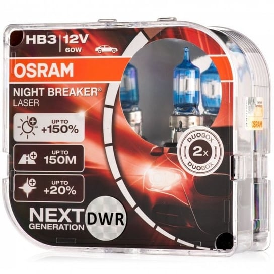 Żarówki halogenowe Osram Night Breaker Laser Next Generation HB3 9005 12V 60W (150% więcej światła, 150 metrów oświetlonej drogi i 20% bielsze światło) Osram