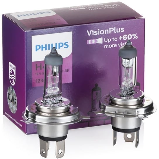 Żarówki halogenowe Philips VisionPlus +60% H4 12V 60/55W, 2 szt. w kartonowym opakowaniu Philips