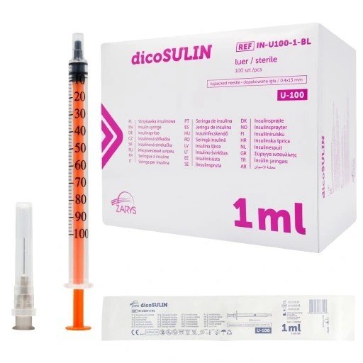 Zarys, Strzykawka do insuliny poj.1 ml j.u. (100I.U/ml) z igłą 0,40x13mm dicoSULIN (a'100szt.) Zarys