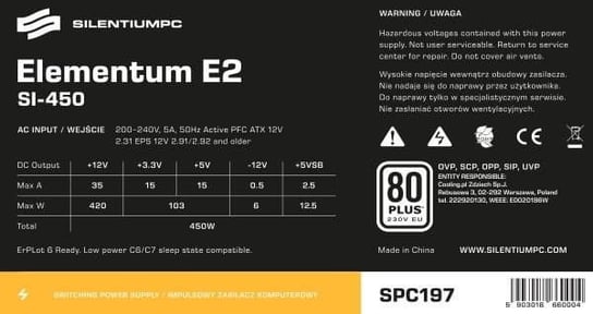 Zasilacz SilentiumPC Elementum E2 SI 450W Bulk (SPC197) SilentiumPC