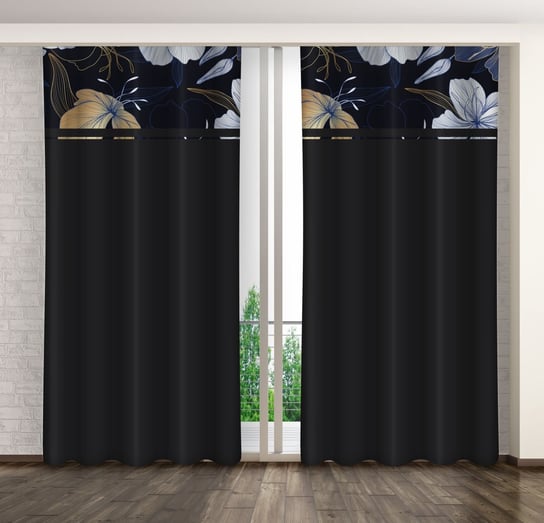 Zasłona gotowa na żabki, 160x250, czarna w kwiaty, ZMK-114 Mariall Design