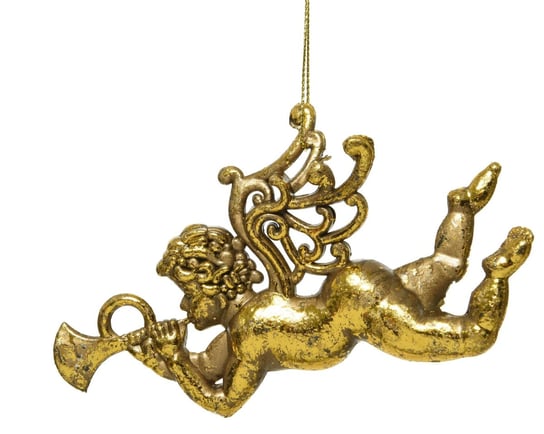 Zawieszka choinkowa złoty aniołek plastikowy z trąbką Kaemingk