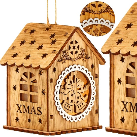 Zawieszka Świąteczna Domek Świecąca Ozdoba Choinkowa Drewniana Na Baterię Springos