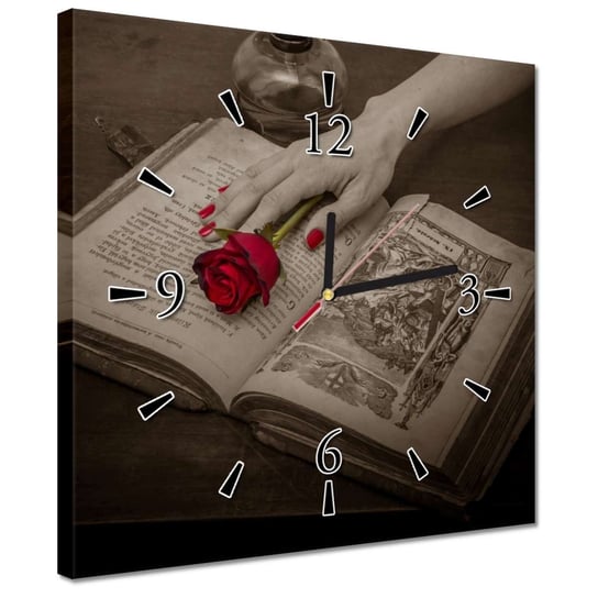 Zegar 30x30cm Czerwona róża na księdze ZeSmakiem