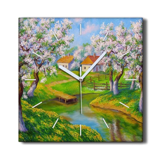 Zegar canvas wiszący 30x30 Wieś drzewa kwiaty woda, Coloray Coloray
