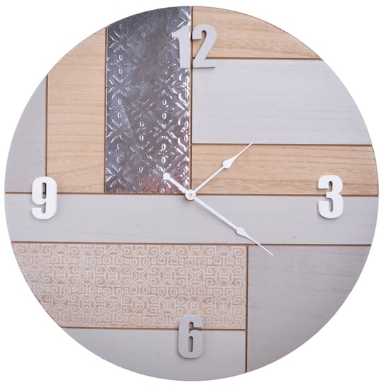 Zegar drewniany okrągły, beżowo-srebrny, 43x43x3 cm Ewax
