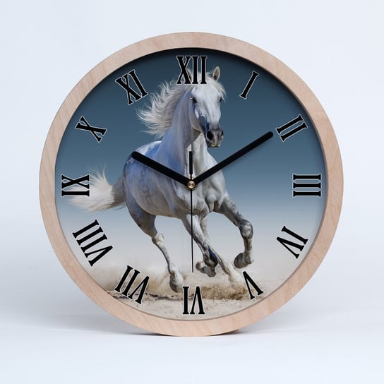 Zegar drewniany okrągły biały koń w galopie fi 30, Tulup Tulup
