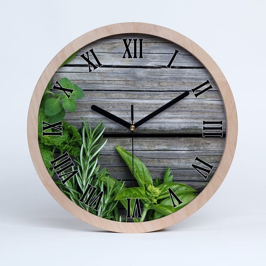 Zegar drewniany okrągły drewniane tło zioła fi 30, Tulup Tulup