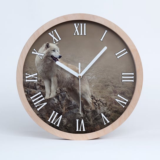 Zegar drewniany rzymski biały wilk na skale fi 30, Tulup Tulup