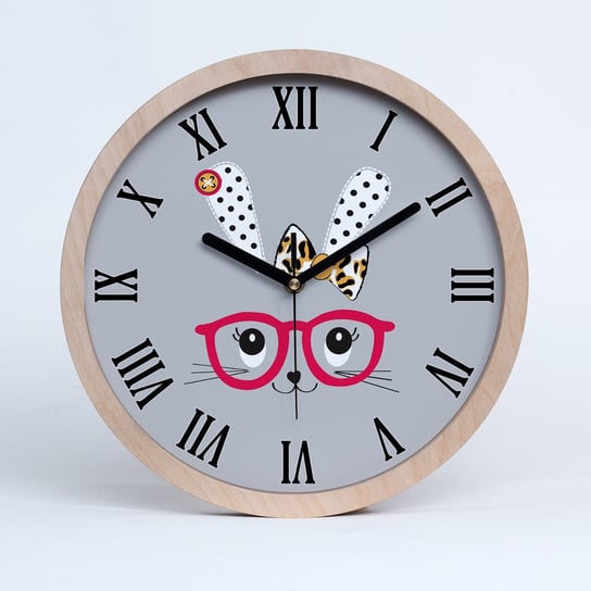 Zegar drewniany rzymski królik w okularach fi 30, Tulup Tulup