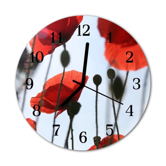 Zegar na szkle na ścianę Okrągły Mak Kwiaty Tulup