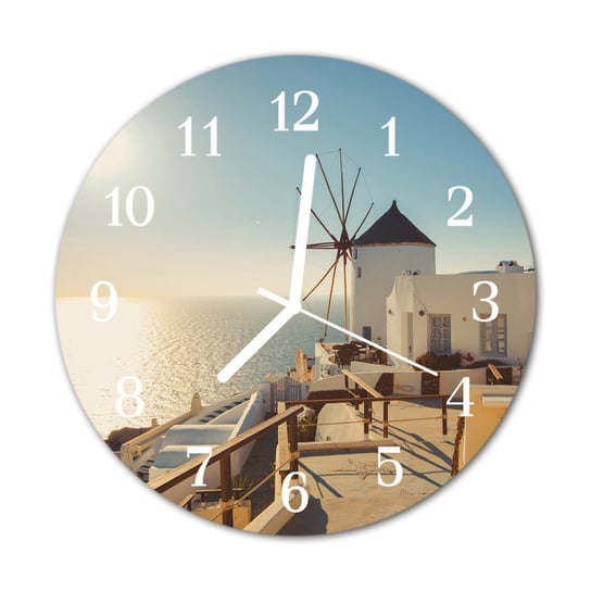 Zegar na szkle na ścianę Okrągły Santorini Grecja Tulup