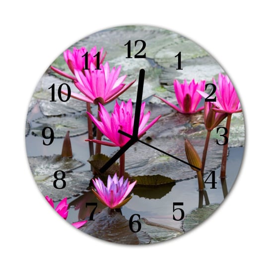 Zegar na szkle Prezent Okrągły Lilie wodne Kwiaty Tulup