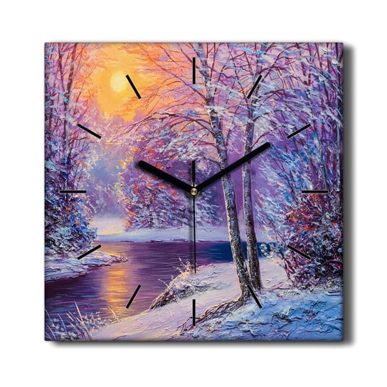 Zegar płótno Zima las rzeka zachód słońca 30x30 cm, Coloray Coloray