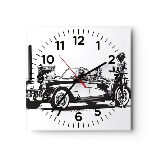 Zegar ścienny - 60. - beztroska Ameryka - 40x40cm - Samochód Vintage Stacja Benzynowa Ameryka - Kwadratowy zegar szklany - Nowoczeny Stylowy Zegar do salonu do kuchni - Cichy i Modny zegar ARTTOR