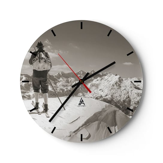Zegar ścienny - A góry te same - 30x30cm - Krajobraz Góry Narciarz - Okrągły zegar na szkle - Nowoczeny Stylowy Zegar do salonu do kuchni - Cichy i Modny zegar ARTTOR