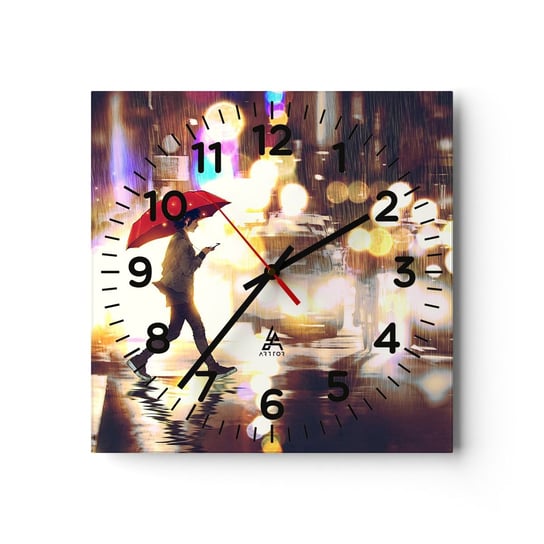 Zegar ścienny - A jednak słoneczna - 40x40cm - Miasto Spacer W Deszczu Parasol - Kwadratowy zegar szklany - Nowoczeny Stylowy Zegar do salonu do kuchni - Cichy i Modny zegar ARTTOR