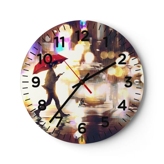 Zegar ścienny - A jednak słoneczna - 40x40cm - Miasto Spacer W Deszczu Parasol - Okrągły zegar szklany - Nowoczeny Stylowy Zegar do salonu do kuchni - Cichy i Modny zegar ARTTOR