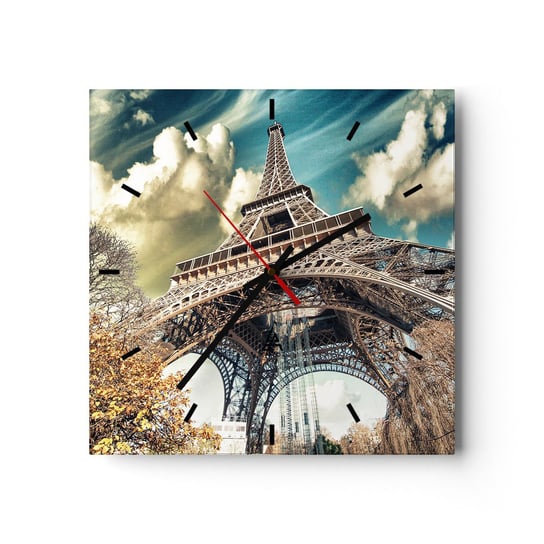 Zegar ścienny - A jesienią w Paryżu... - 30x30cm - Miasto Paryż Wieża Eiffla - Kwadratowy zegar na szkle - Nowoczeny Stylowy Zegar do salonu do kuchni - Cichy i Modny zegar ARTTOR