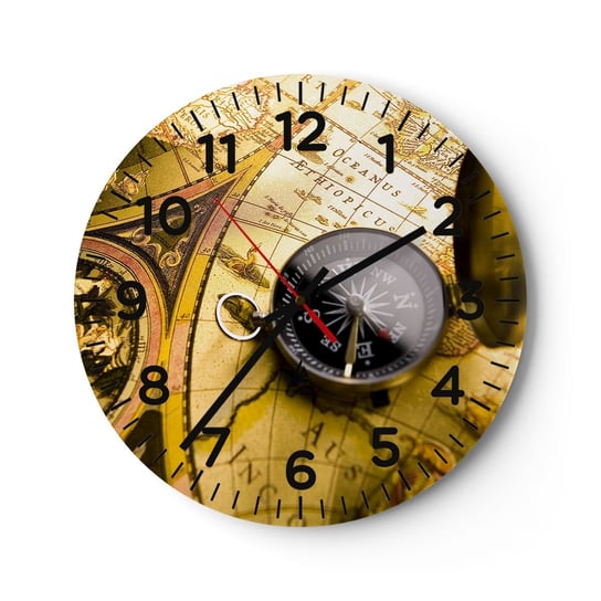 Zegar ścienny - A może na kraniec świata? - 40x40cm - Podróże  Mapy Świata Kompas - Okrągły zegar szklany - Nowoczeny Stylowy Zegar do salonu do kuchni - Cichy i Modny zegar ARTTOR