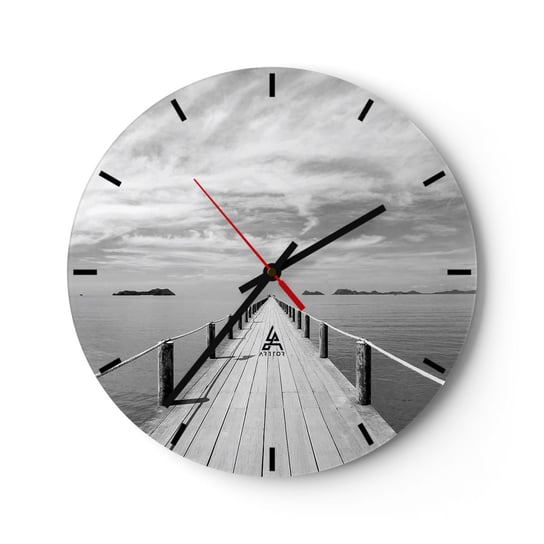 Zegar ścienny - A może podróż… - 30x30cm - Krajobraz Morze Drewniany Pomost - Okrągły zegar na szkle - Nowoczeny Stylowy Zegar do salonu do kuchni - Cichy i Modny zegar ARTTOR