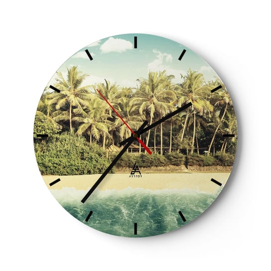 Zegar ścienny - A może tutaj? - 30x30cm - Krajobraz Plaża Palma Kokosowa - Okrągły zegar na szkle - Nowoczeny Stylowy Zegar do salonu do kuchni - Cichy i Modny zegar ARTTOR
