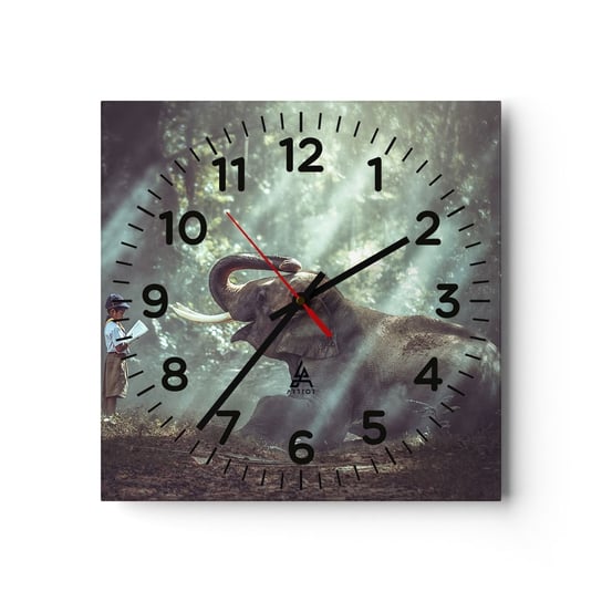 Zegar ścienny - A posłuchaj tego… - 30x30cm - Azja Słoń Dziecko - Kwadratowy zegar ścienny - Nowoczeny Stylowy Zegar do salonu do kuchni - Cichy i Modny zegar ARTTOR