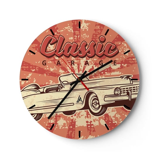 Zegar ścienny - A w radiu Elvis - 30x30cm - Samochód Kabriolet Podróże - Okrągły zegar na szkle - Nowoczeny Stylowy Zegar do salonu do kuchni - Cichy i Modny zegar ARTTOR
