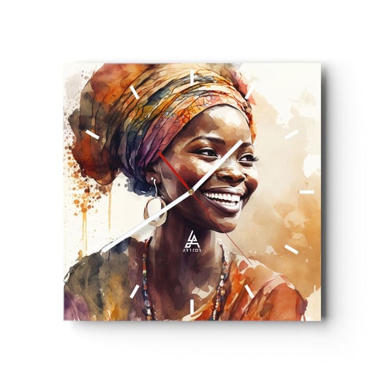 Zegar ścienny - Afrykańska królowa - 30x30cm - Kobieta Afroamerykanin Portret - Kwadratowy zegar na szkle - Nowoczeny Stylowy Zegar do salonu do kuchni - Cichy i Modny zegar ARTTOR