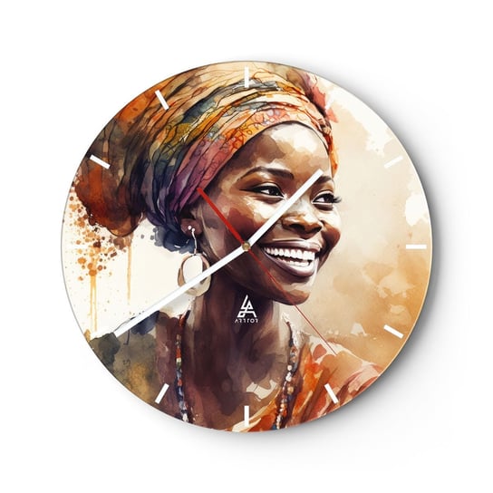 Zegar ścienny - Afrykańska królowa - 30x30cm - Kobieta Afroamerykanin Portret - Okrągły zegar na szkle - Nowoczeny Stylowy Zegar do salonu do kuchni - Cichy i Modny zegar ARTTOR
