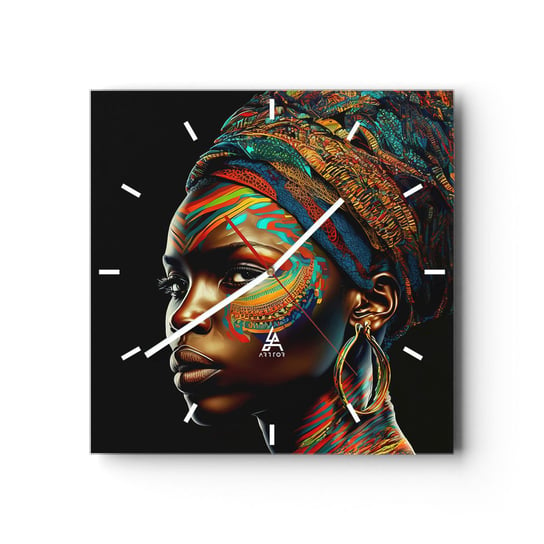 Zegar ścienny - Afrykańska królowa - 30x30cm - Turban Plemiona Afroamerykanin - Kwadratowy zegar na szkle - Nowoczeny Stylowy Zegar do salonu do kuchni - Cichy i Modny zegar ARTTOR