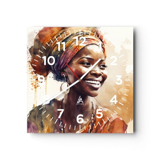 Zegar ścienny - Afrykańska królowa - 40x40cm - Kobieta Afroamerykanin Portret - Kwadratowy zegar szklany - Nowoczeny Stylowy Zegar do salonu do kuchni - Cichy i Modny zegar ARTTOR