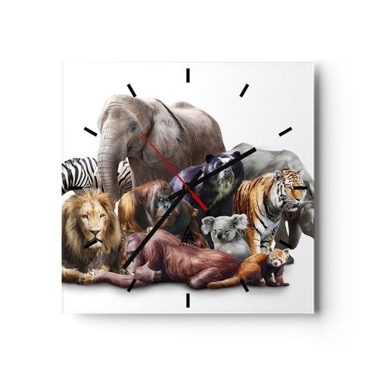 Zegar ścienny - Afrykańska rodzinna fotografia - 30x30cm - Abstrakcja Zwierzęta Wielka Piątka Afryki - Kwadratowy zegar na szkle - Nowoczeny Stylowy Zegar do salonu do kuchni - Cichy i Modny zegar ARTTOR